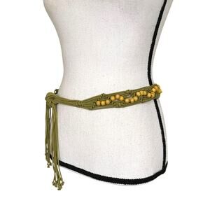Vintage Tasseled Woven Macrame Beaded Tie Belt XS/S Olive Green Festival Hippie